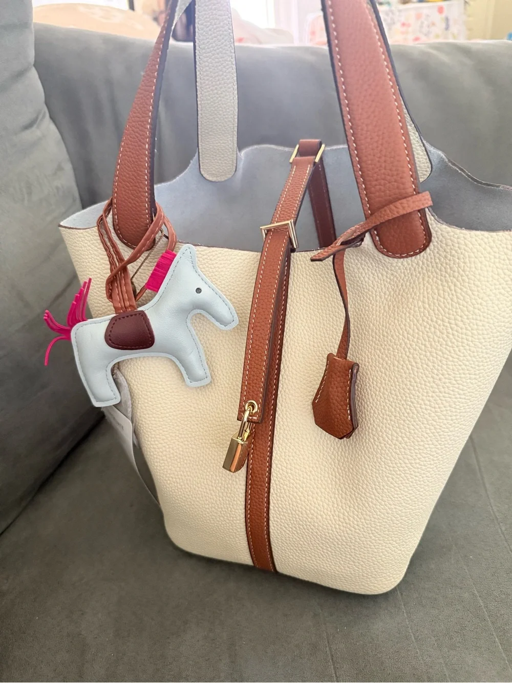 Cream and Brown Women's Pebbled Leather Tote with Horse Charm